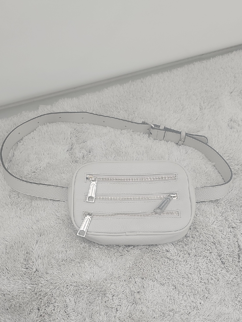 Rebecca Minkoff Light Gray Leather Belt Bag with Silver Zippers